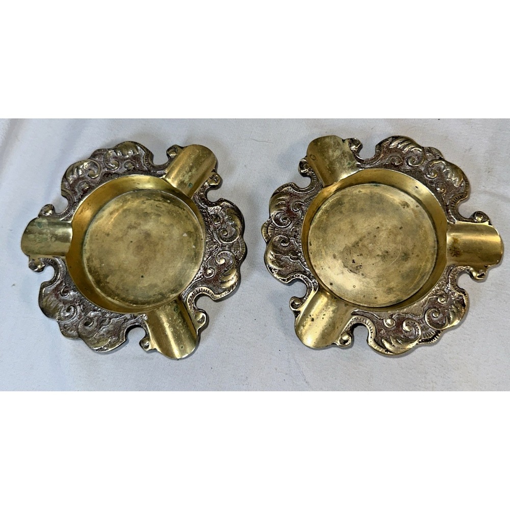 Vintage Brass Ashtray Set of 2 Ornate Decorative Matching Design Collectible